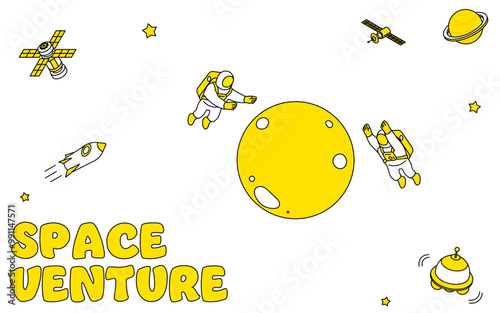 宇宙で月を調査する宇宙飛行士たちのかわいいシンプルな線画イラスト