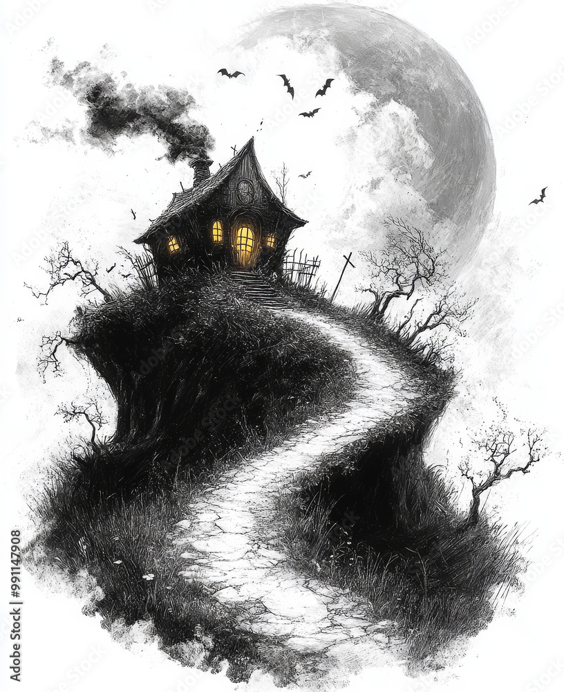 Fototapeta premium Halloween Sketch Poster. Generated image. A digital illustration of a traditional Halloween scary poster in a sketch art style.