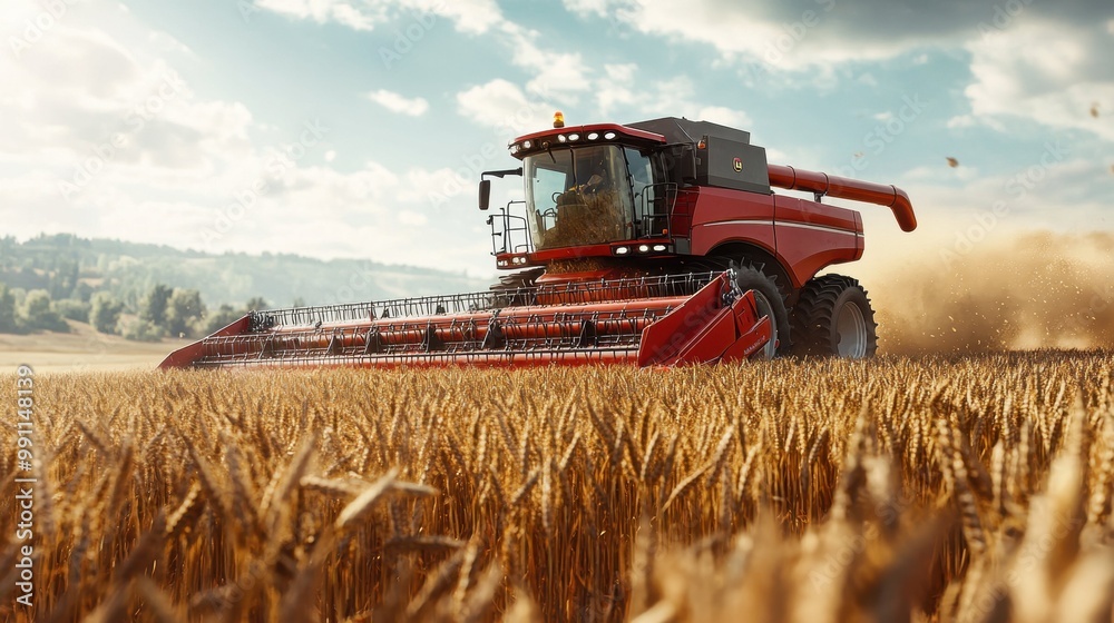 Obraz premium Combine harvester harvests ripe wheat. agriculture