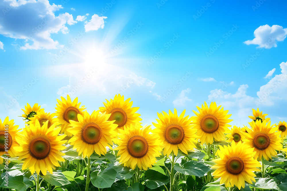 background with a field of sunflowers under a bright blue sky