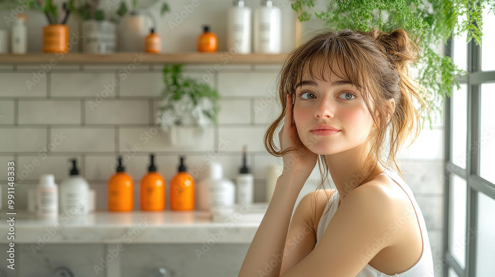 A young woman with a gentle expression sits in a well-lit bathroom, enjoying the ambiance while surrounded by various skincare products A young woman with a gentle expression sits in a well-lit bathroom, enjoying the ambiance while surrounded by various skincare products