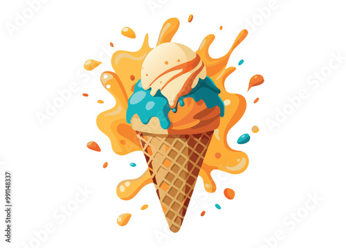 Ice cream scoops falling in waffle cone with splashing caramel sauce