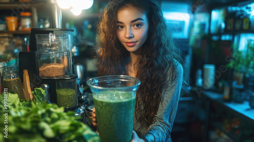 A young woman holds a large cup of green smoothie while surrounded by fresh ingredients in a lively kitchen on a sunny afternoon