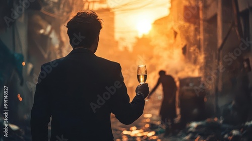 Welldressed man holding a glass of champagne, overlooking a struggling street vendor, economic disparity, class contrast photo