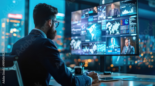 A business leader in a high-level meeting room, with multiple international clients on a virtual conference, discussing global business strategies