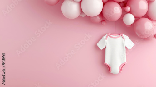 Baby onesie hanging, floating balloons, soft pink baby shower background, 3D illustration
