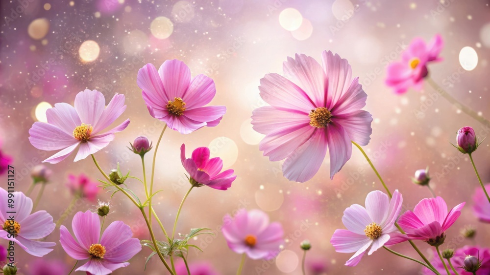 Graceful pink cosmos flowers floating amidst a flurry of petals on a luminous background, capturing fleeting beauty and tranquility Graceful pink cosmos flowers floating amidst a flurry of petals on a luminous background, capturing fleeting beauty and tranquility