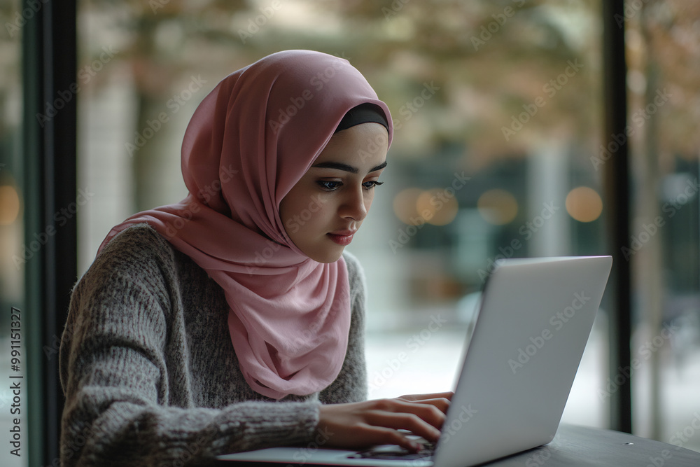 Focused woman in a pink hijab working on a laptop in a modern office setting, emphasizing productivity and concentration