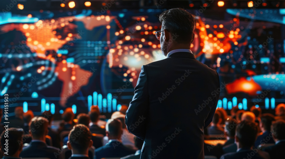 A business leader presenting a keynote on leadership opportunities in global markets at an international summit, with visuals of emerging business trends. A business leader presenting a keynote on leadership opportunities in global markets at an international summit, with visuals of emerging business trends.