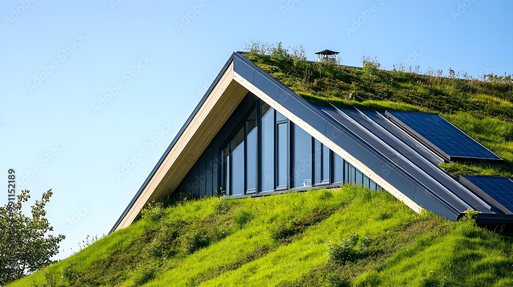 Modern eco-friendly house with green roof under clear blue sky. Modern eco-friendly house with green roof under clear blue sky.