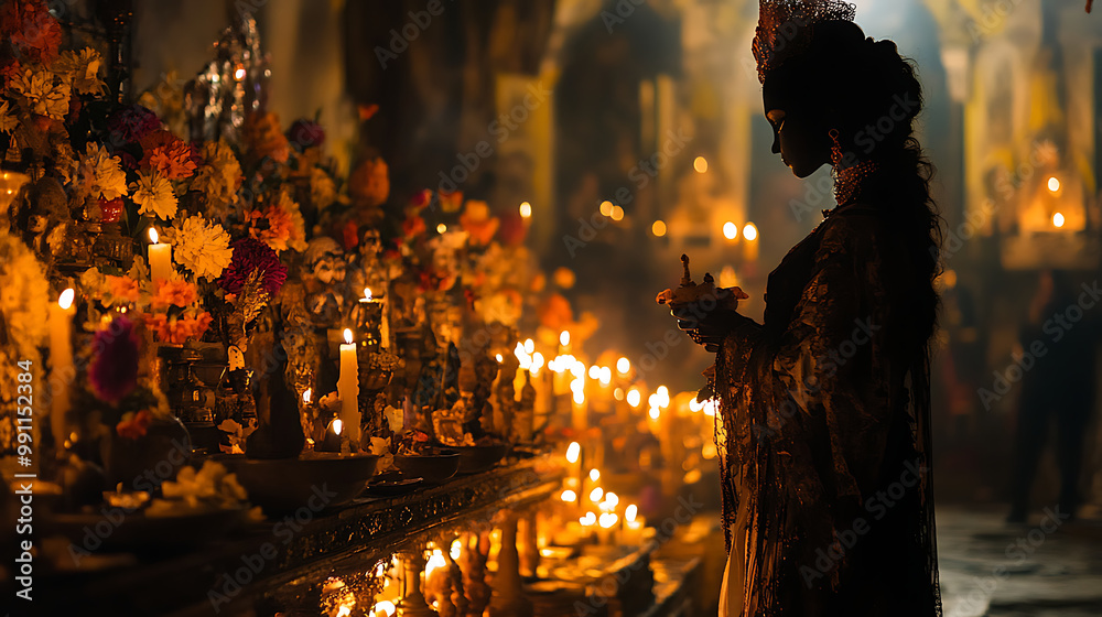 Catrina figure elegantly dressed, standing beside an ornate altar filled with offerings and candles, in a dimly lit, atmospheric setting Catrina figure elegantly dressed, standing beside an ornate altar filled with offerings and candles, in a dimly lit, atmospheric setting