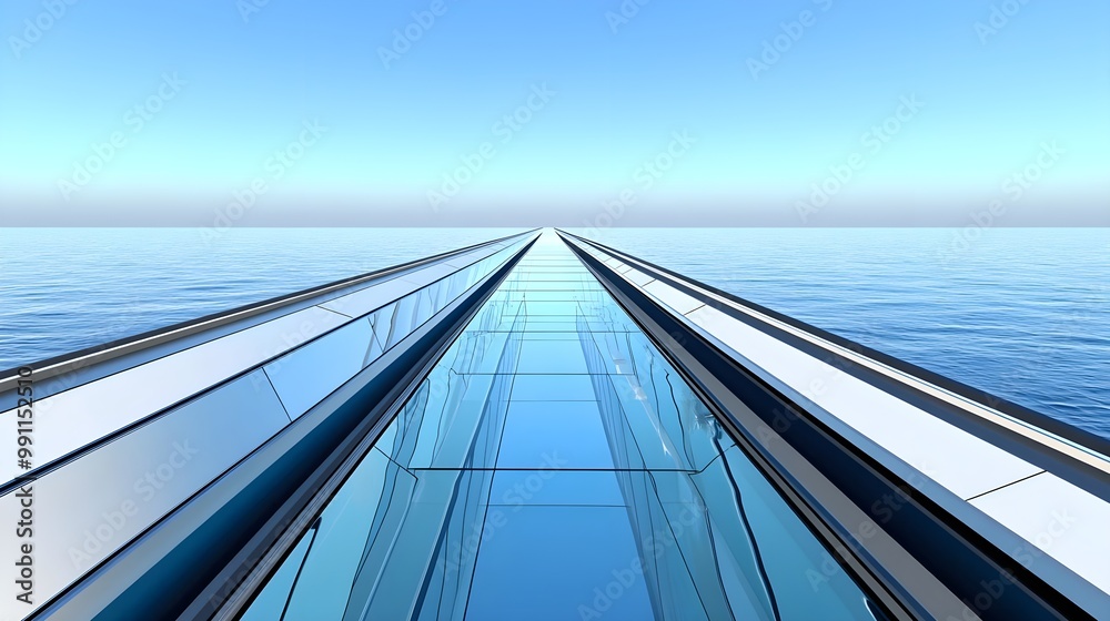 Fototapeta premium Modern glass walkway extending over calm blue water, creating a serene and futuristic landscape under a clear sky.