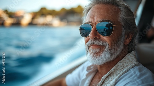 senior man relaxing on a luxury speedboat , retirement adventure on the water , enjoying the ocean , cruising in sunlight , man enjoying wealth and freedom , boating through summer waves