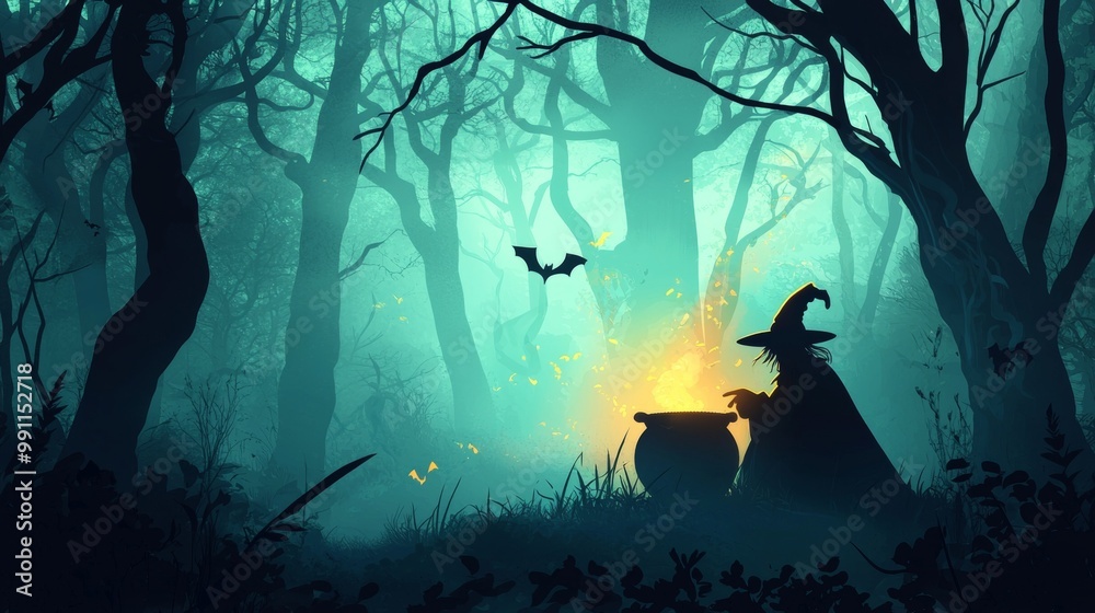 Obraz premium Witch is preparing a magic potion in her cauldron in a spooky forest at night, with bats flying around and a mysterious atmosphere