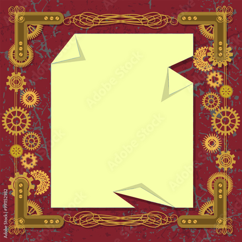 Brass vintage steampunk frame and a sheet of paper with wrinkled and torn corners. Elegant vintage template for your project. Vector illustration