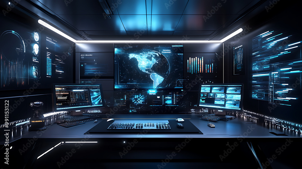 Fototapeta premium background with a futuristic gaming room, featuring neon lights, sleek gaming equipment, and a high-tech, immersive setting