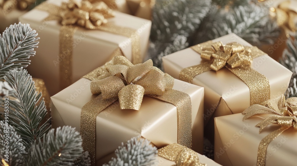 A collection of elegantly wrapped gifts adorned with golden bows, surrounded by festive greenery. A collection of elegantly wrapped gifts adorned with golden bows, surrounded by festive greenery.
