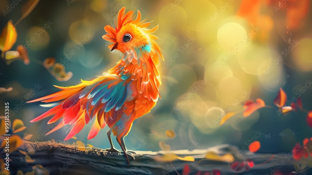 Cute and Colorful Phoenix Chick Standing with a Playful Expression Cute and Colorful Phoenix Chick Standing with a Playful Expression