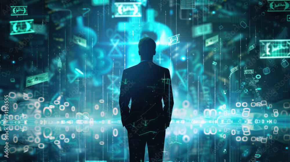 A business leader standing in front of a graph showing exponential wealth growth, with digital money and investment symbols in the background. A business leader standing in front of a graph showing exponential wealth growth, with digital money and investment symbols in the background.