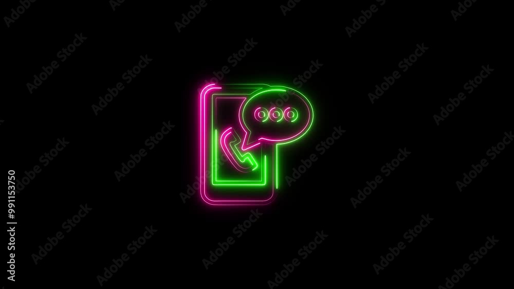 Glowing neon mobile phone call icon, mail box, online chat icon on black background. Neon online communication technology icon concept. Glowing neon mobile phone call icon, mail box, online chat icon on black background. Neon online communication technology icon concept.