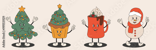 Christmas characters in groovy hippy style. Christmas tree, cupcake with winter holidays deco, coco, hot chocolate mug, snowman. For greeting cards, party invitation, banners.
