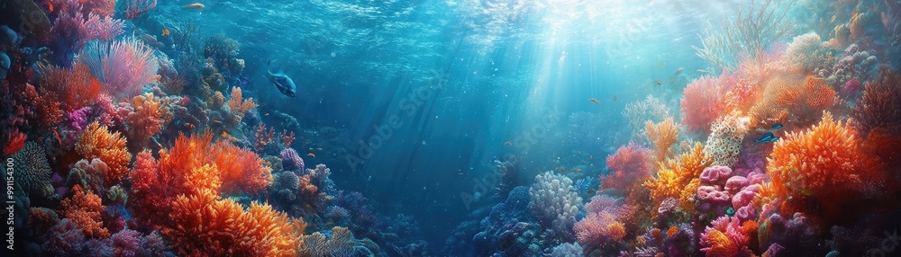 Obraz premium Close-up of a mystical ocean, fantastical sea creatures cleansing vibrant coral reefs, sunlight dancing on the waters surface, harmony of nature and magic
