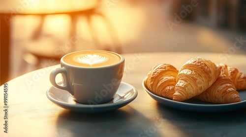 A cozy coffee shop scene with a cup of cappuccino on a small table, next to a plate of croissants, with soft daylight illuminating the cozy interior. 