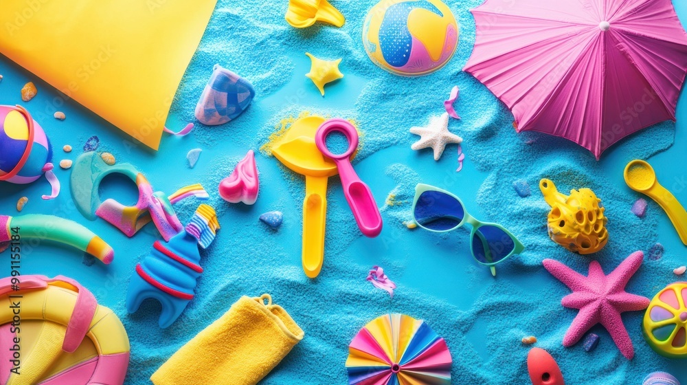 Obraz premium Colorful Beach Toys on Blue Sand.