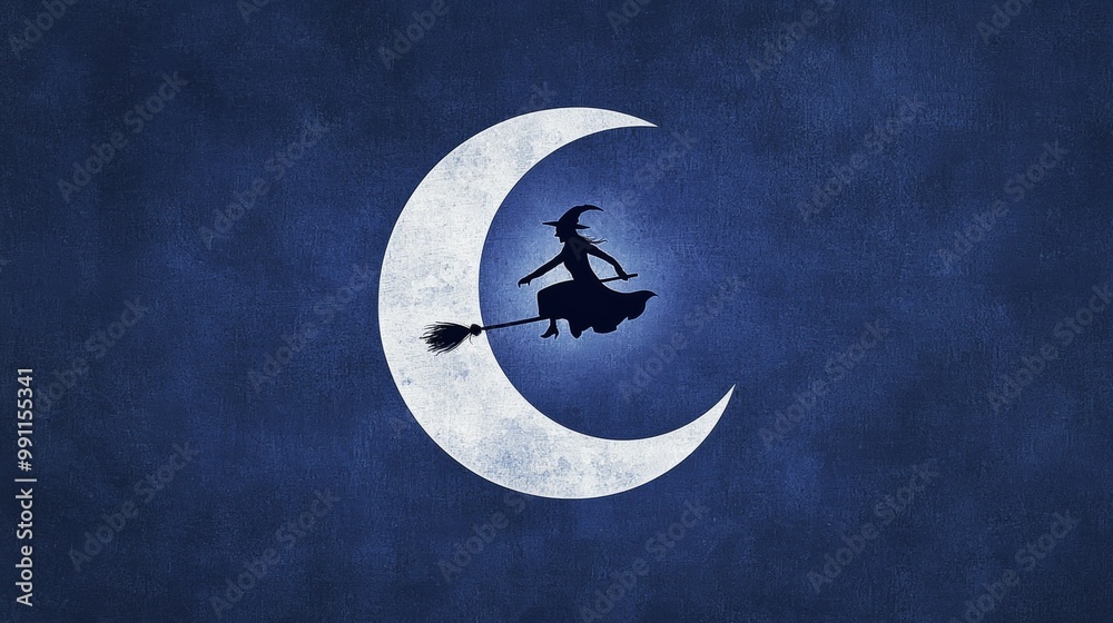 Spooky witch silhouette flies gracefully across a full moon on a navy blue background, perfect for halloween projects. Let your imagination soar with this enchanting scene Spooky witch silhouette flies gracefully across a full moon on a navy blue background, perfect for halloween projects. Let your imagination soar with this enchanting scene