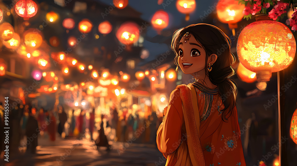Indian anime girl in a beautiful anarkali dress, admiring the colours of a bustling festival Indian anime girl in a beautiful anarkali dress, admiring the colours of a bustling festival