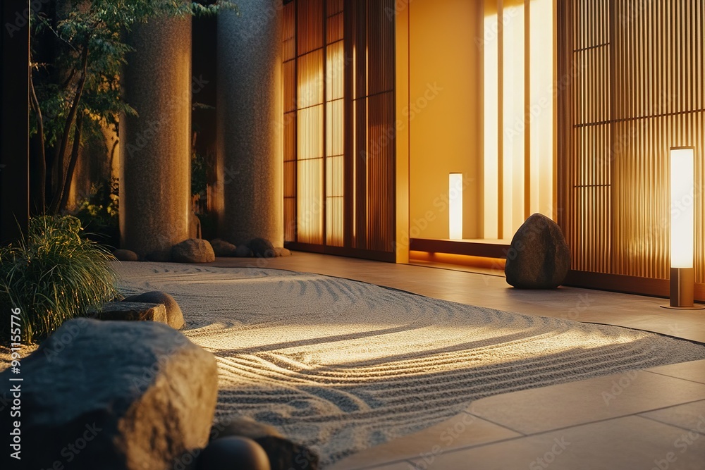 Fototapeta premium Zen garden with raked sand patterns minimalist decor and calming ambient light.