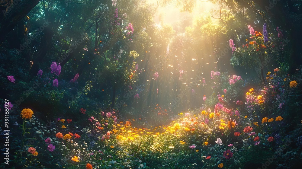 Close-up shot of a vibrant fantasy forest, enchanted creatures tending to blooming flowers, radiant colors blending with lush greenery, magical realism Close-up shot of a vibrant fantasy forest, enchanted creatures tending to blooming flowers, radiant colors blending with lush greenery, magical realism