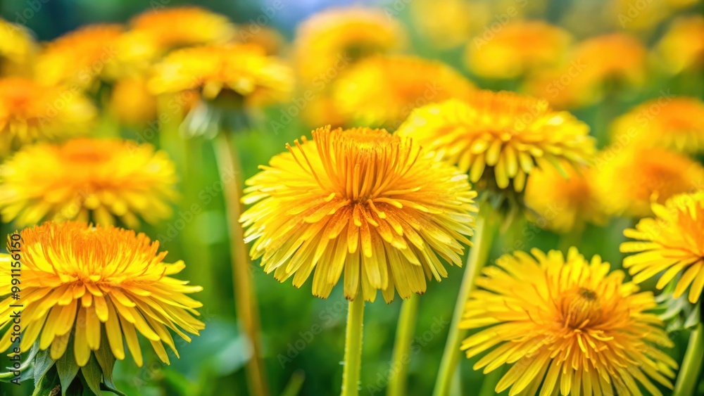 Close-up of vibrant dandelion yellow flowers (Taraxacum dissectum) blooming in beautiful detail Close-up of vibrant dandelion yellow flowers (Taraxacum dissectum) blooming in beautiful detail