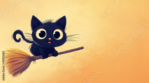 Cartoon black cat flying on a broom with big eyes, enjoying a magical flight in the air against a vibrant orange background photo