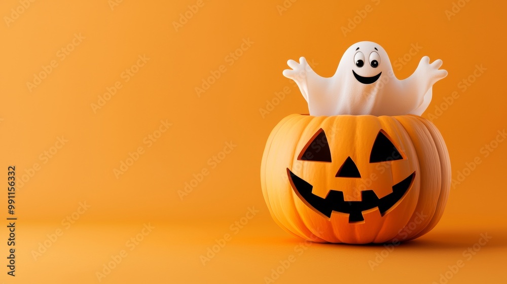 Fototapeta premium Cheerful cartoon ghost pops out of a pumpkin in a halloween image, adding a playful touch to the festive scene. Perfect for cards, banners, and more