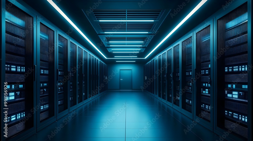 Modern server room with blue lighting and rows of servers on either side. Modern server room with blue lighting and rows of servers on either side.