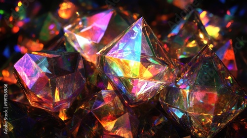 A vibrant cluster of colorful crystals reflecting light in various hues.