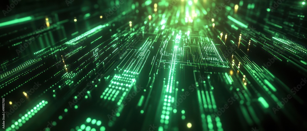 Abstract digital landscape with glowing green lines and circuitry elements. Abstract digital landscape with glowing green lines and circuitry elements.