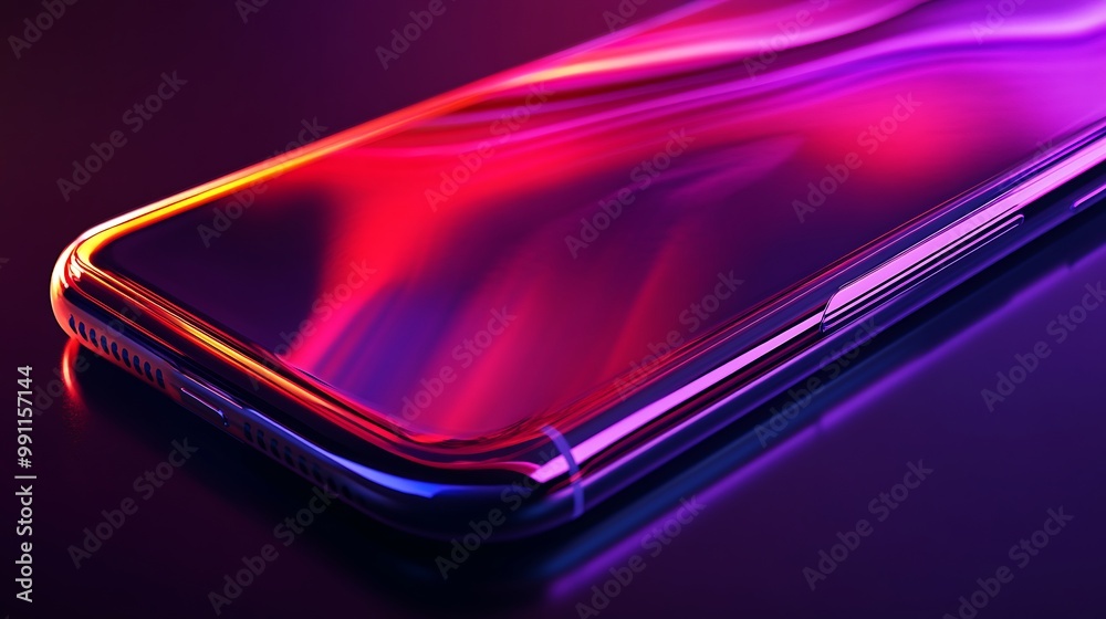 A sleek smartphone with a vibrant, colorful display reflecting shades of purple and orange, set against a dark background.