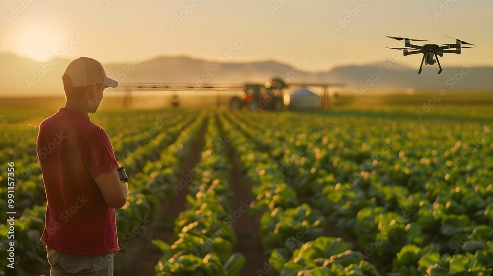 Fototapeta premium Futuristic High-Tech Farm with Autonomous Drone Technology in Agriculture