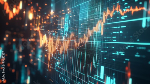 Complex data visualization of global stock markets, interconnected line graphs, 3D charts, and floating data streams in a futuristic design