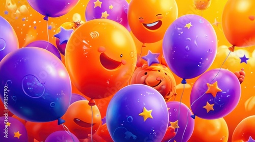 Colorful Balloons With Happy Faces And Stars.