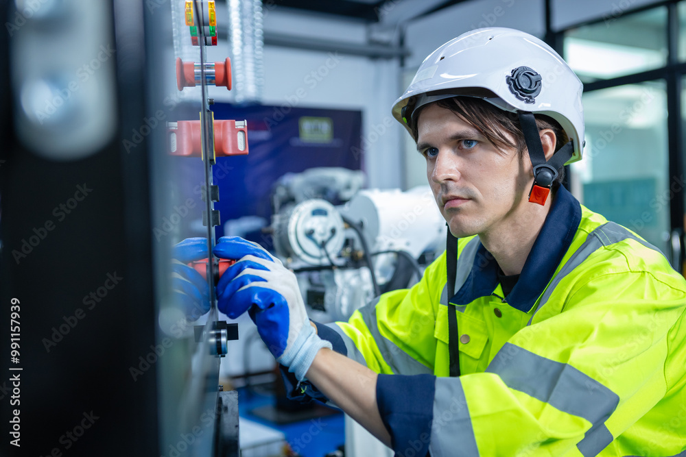 man engineer using computer controlling machine automation robotics at industrial. technological researching innovation process programming automation robot.