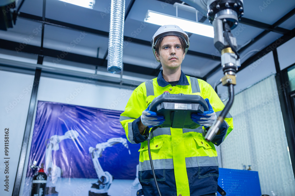 Technician engineer using remote control automation robotics at industrial modern lab factory. male team technological researching and developing working at factory innovation automation robot. Technician engineer using remote control automation robotics at industrial modern lab factory. male team technological researching and developing working at factory innovation automation robot.