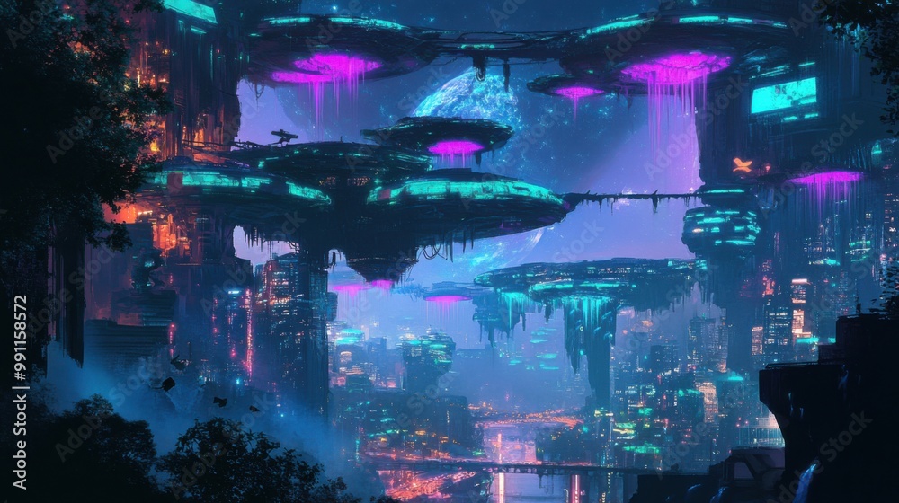 Fototapeta premium In the far future, glowing gardens of bioluminescent plants flourish during the 'hoa hoa hoa season.' 
