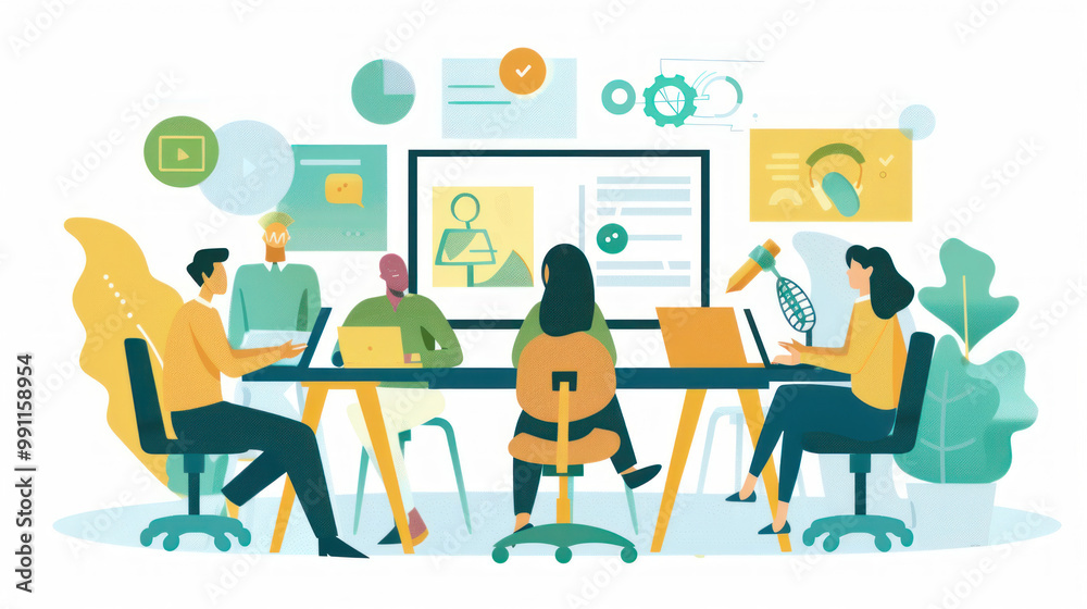 A business team in a virtual meeting, using remote work tools like shared documents, task management platforms, and video conferencing software. A business team in a virtual meeting, using remote work tools like shared documents, task management platforms, and video conferencing software.