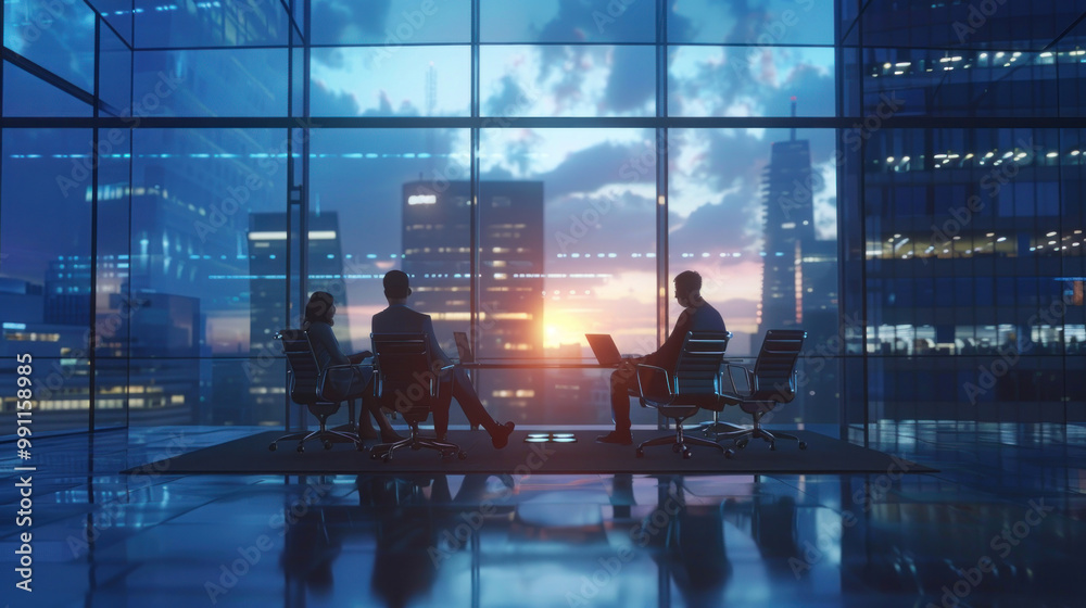 A business team leadership meeting in a sleek office space, discussing how to navigate the complexities of leading teams across international markets.