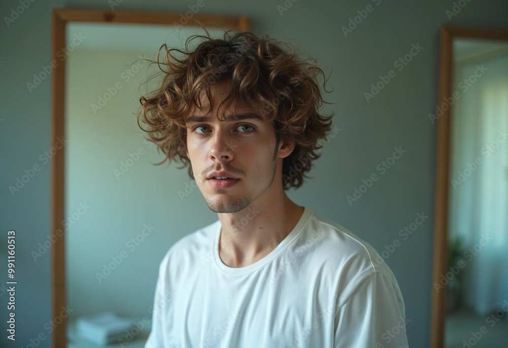 Young Man with Curly Hair Wearing a White Shirt Young Man with Curly Hair Wearing a White Shirt