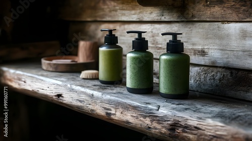 Natural skincare products on wooden shelf, minimalist rustic decor.