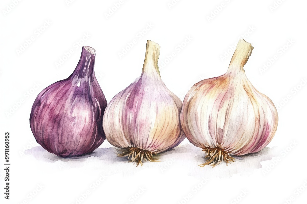 Fototapeta premium A vibrant illustration of three garlic bulbs showcasing different colors and textures, perfect for culinary and health themes.